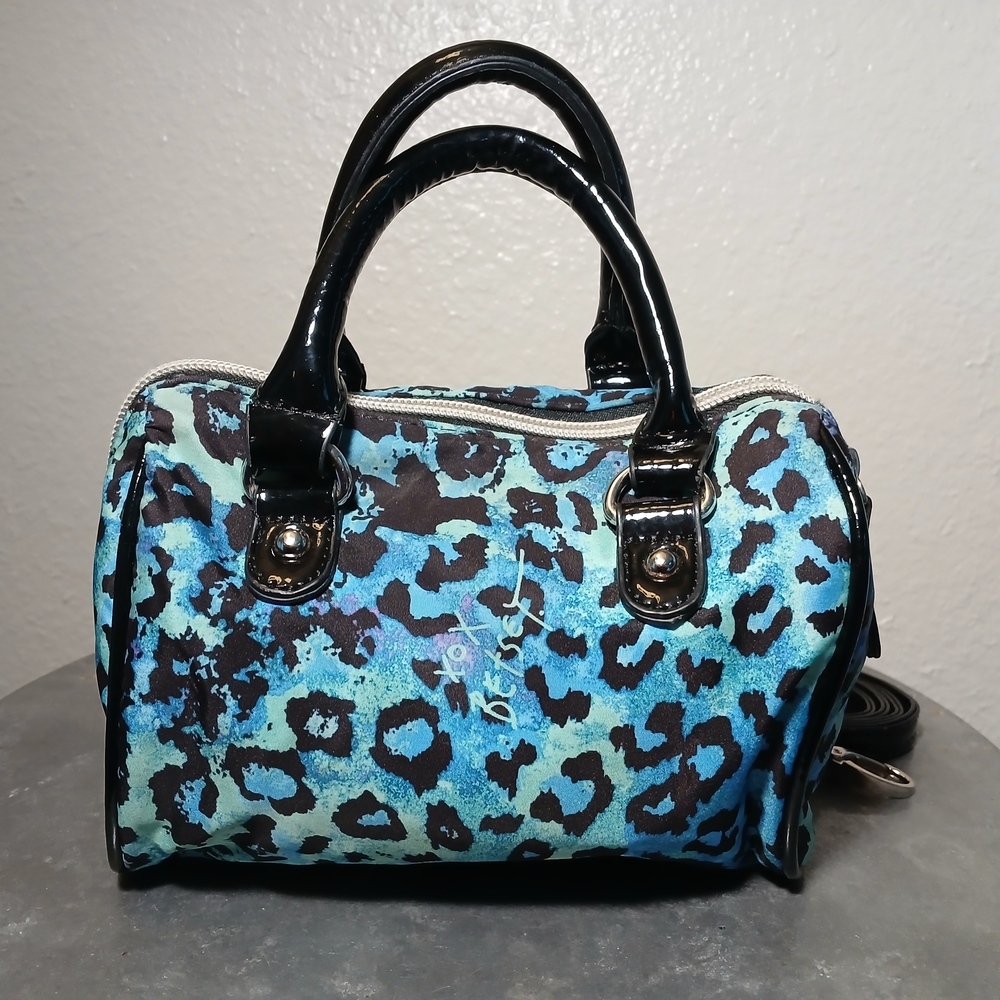 Betsey Johnson Blue Leopard Mini Messenger Roll Bag Glossy Finish & Bow - Picture 4 of 11